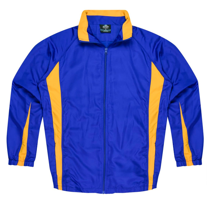 A blue tracktop with yellow side panels and a zip front. It features a collar and long sleeves.