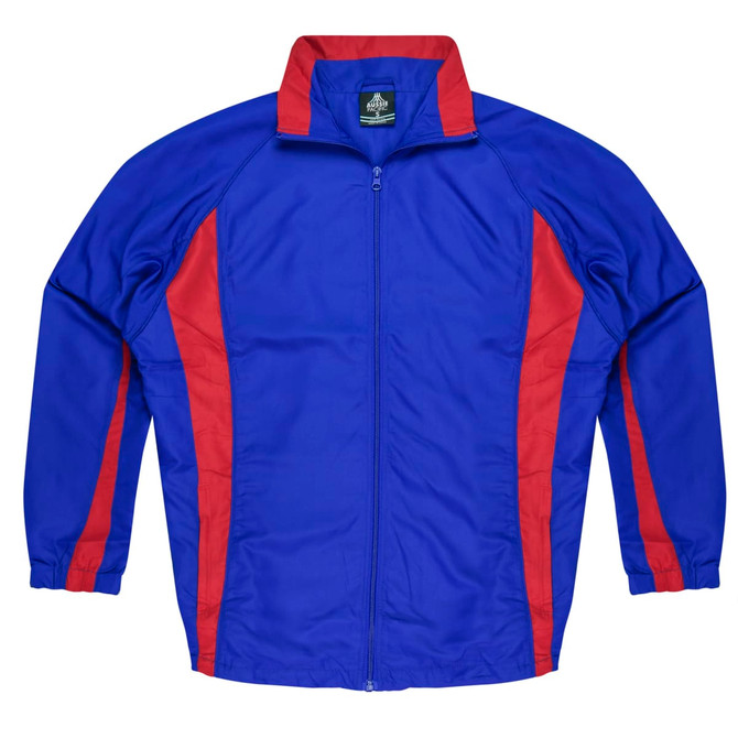 A blue and red tracktop featuring a zip front and a high collar, with long sleeves and a logo.