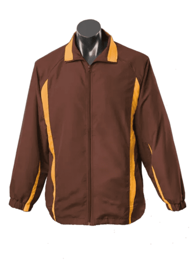 A brown track jacket with yellow stripes, featuring a zip front and a collar. It has a logo on the left side.