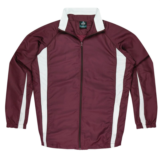 A maroon track top featuring white side panels and a zippered front, with a collar and full-length sleeves.