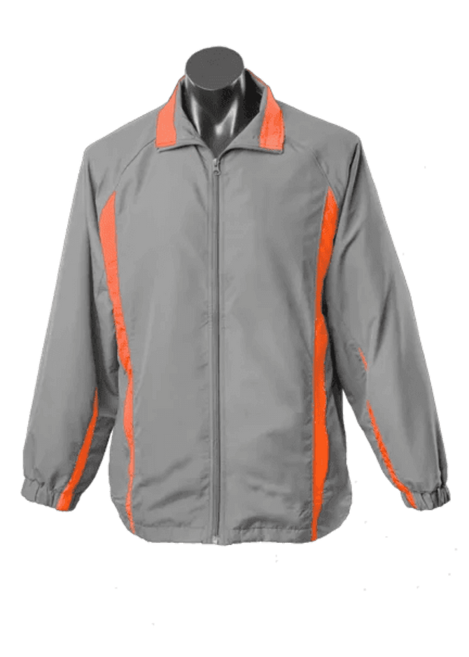 A grey track jacket with orange accents, featuring a zip front and a sporty design. It has a logo on the chest.