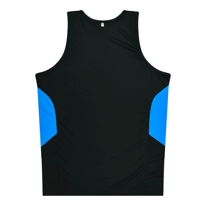 A black singlet featuring blue side panels, designed for kids, with a logo on the back.