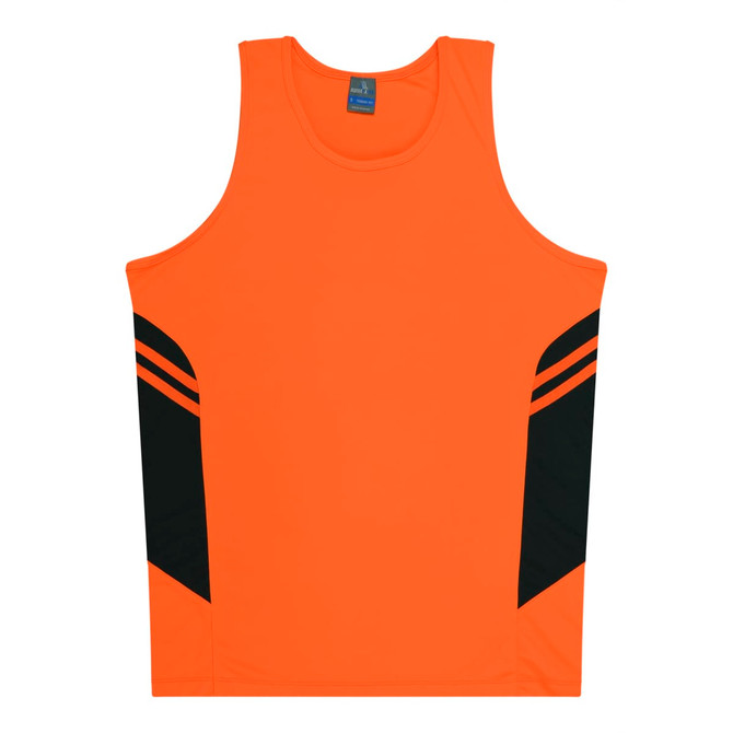 An orange singlet featuring black side panels and a logo on the front. Ideal for kids' casual wear.