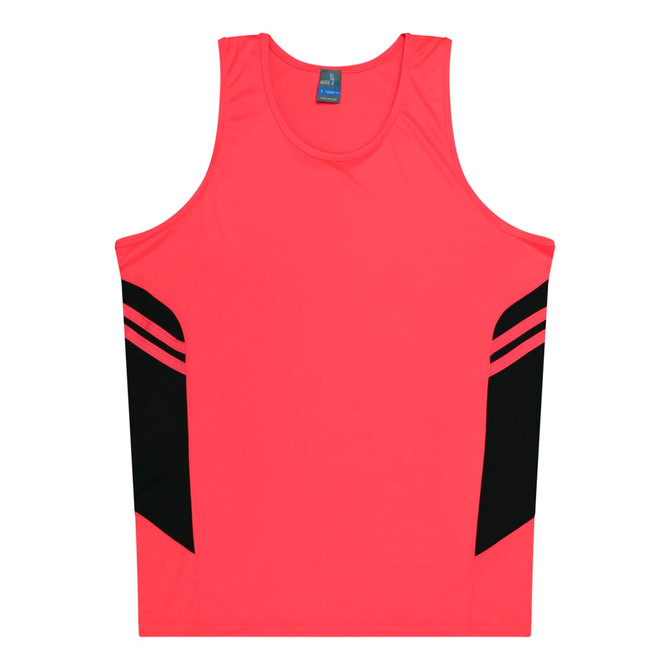 A bright pink singlet with black panels and stripes, featuring a logo on the neckline.