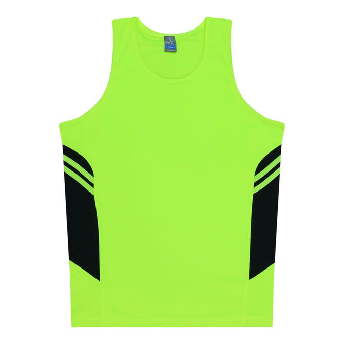 A bright yellow singlet with black side panels and a logo at the neckline. Ideal for kids.