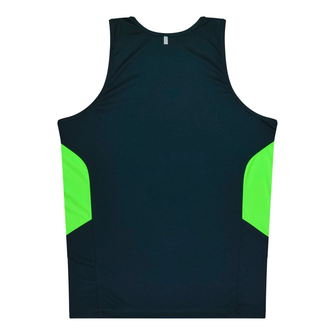 A black singlet with bright green side panels and a logo on the back.