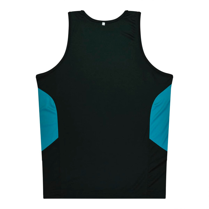 A black singlet with teal side panels and a small logo. Designed for kids' wear.