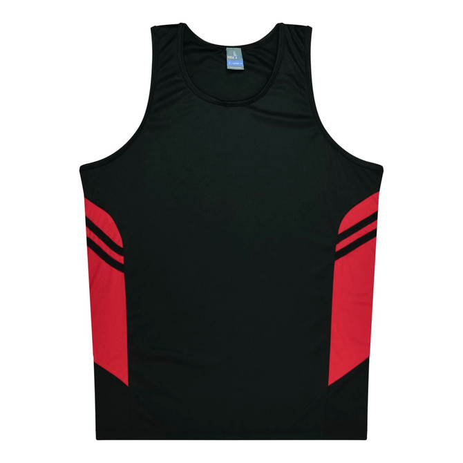 A black singlet with red side panels and a logo. Suitable for kids and designed for comfort.