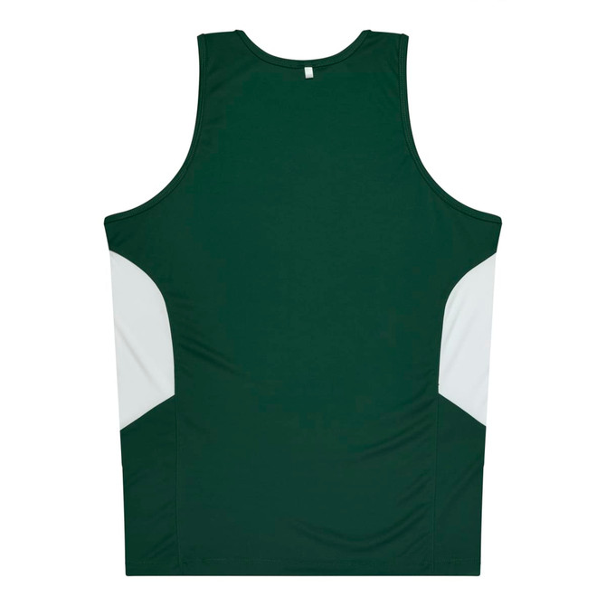 A green singlet with white side panels and a logo on the back.