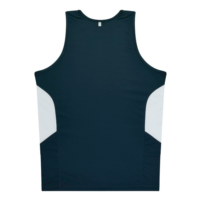 A dark green singlet with white side panels, featuring a simple design and a small logo on the back.