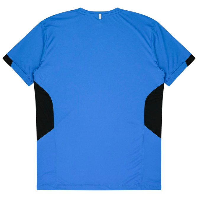 A blue T-shirt with black side panels and a tag at the neck; features a simple, sporty design.