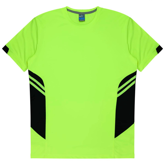 A bright neon yellow t-shirt featuring black accent stripes on the sides and a logo on the neckline.