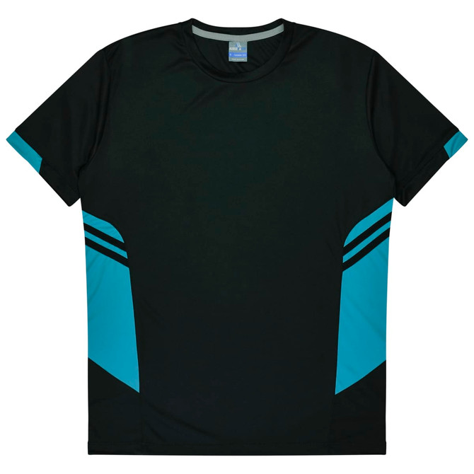 A black T-shirt with turquoise detailing on the sides. It features a logo on the label.