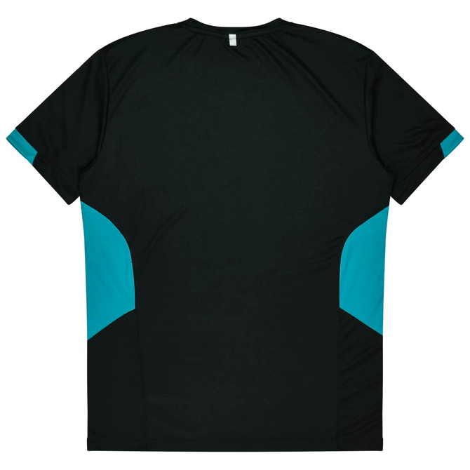 A dark green T-shirt with aqua blue side panels and a plain back, featuring a logo.