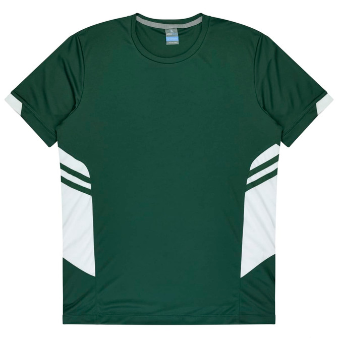 A green t-shirt with white side accents and a logo on the chest. Ideal for kids.
