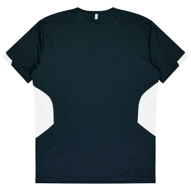 A dark green T-shirt featuring white detailing on the sides, with a logo on the back.