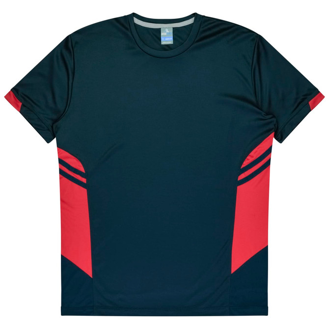 A navy and red children's T-shirt featuring short sleeves and a sleek design. The shirt has a logo.