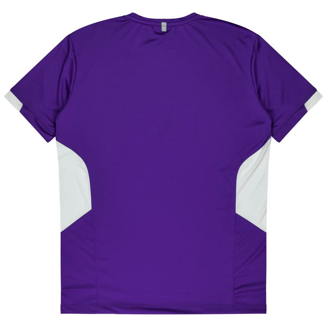 A purple t-shirt with white side panels and a logo on the back. Ideal for casual wear.