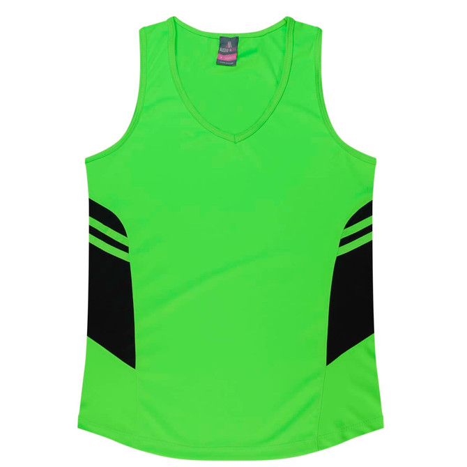 A bright green singlet with black side panels and a V-neck design, featuring a logo on the label.