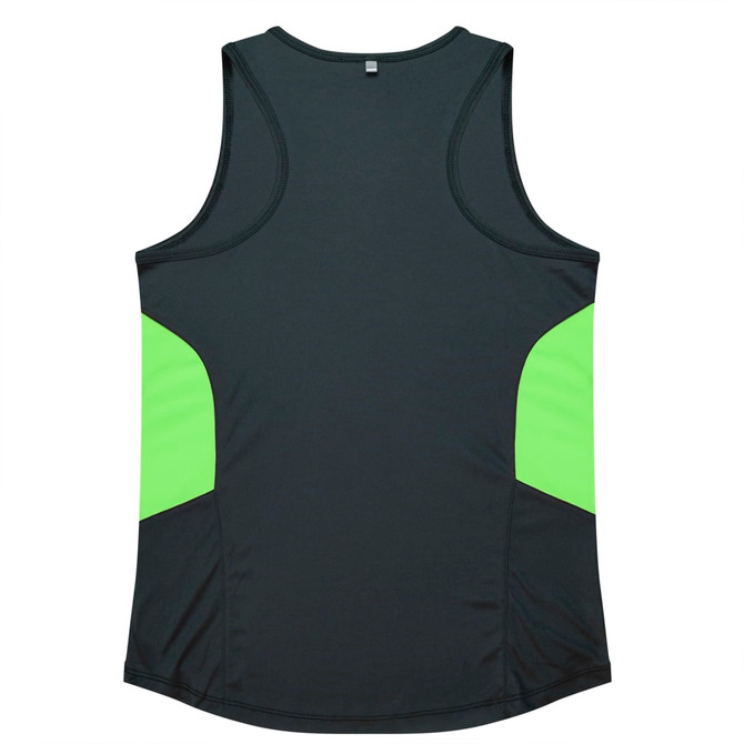 A dark green singlet featuring bright green side panels, with a branding logo on the back.