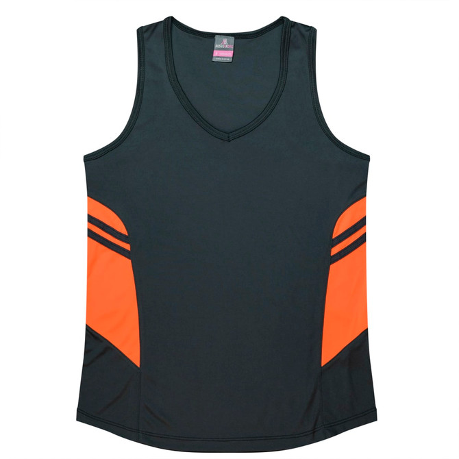 A dark green singlet with orange side panels and a v-neck design, featuring a logo on the label.
