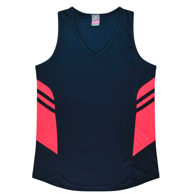 A navy singlet with pink side panels and a logo. It features a V-neck design, suitable for casual wear.