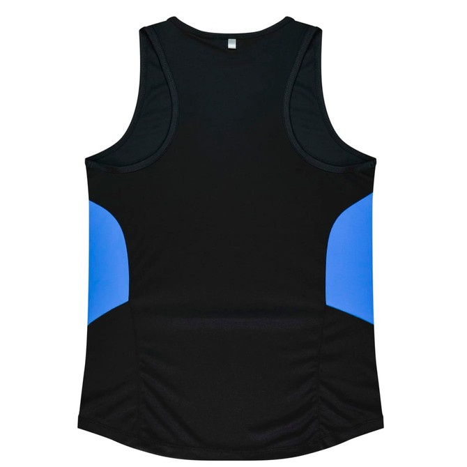 A black singlet featuring blue side panels and a simple design. It has a logo on the front.