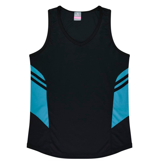 A black singlet featuring blue side panels and a logo on the upper centre.