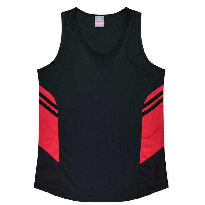 A black singlet featuring red accents and a logo, designed for women's wear.