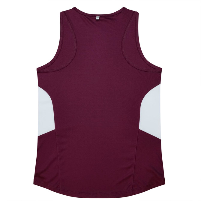 A maroon singlet top with white panel detailing, featuring a logo on the back.