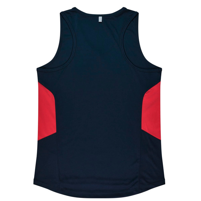 A sleeveless singlet in navy with red side panels, featuring a logo on the back.