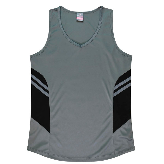 A grey singlet with black side panels and a v-neck design. It features a logo on the upper part.