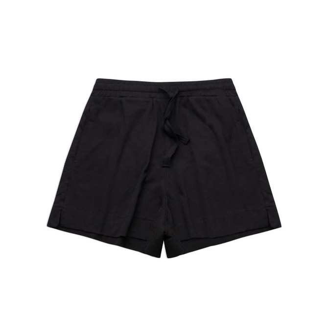 A pair of black sports shorts with an elasticated waistband and drawstring, featuring a logo.