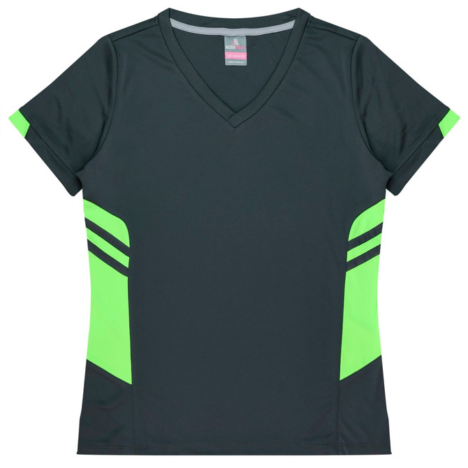 A dark green women's t-shirt featuring neon green accents and a v-neck design. It has a logo on the label.