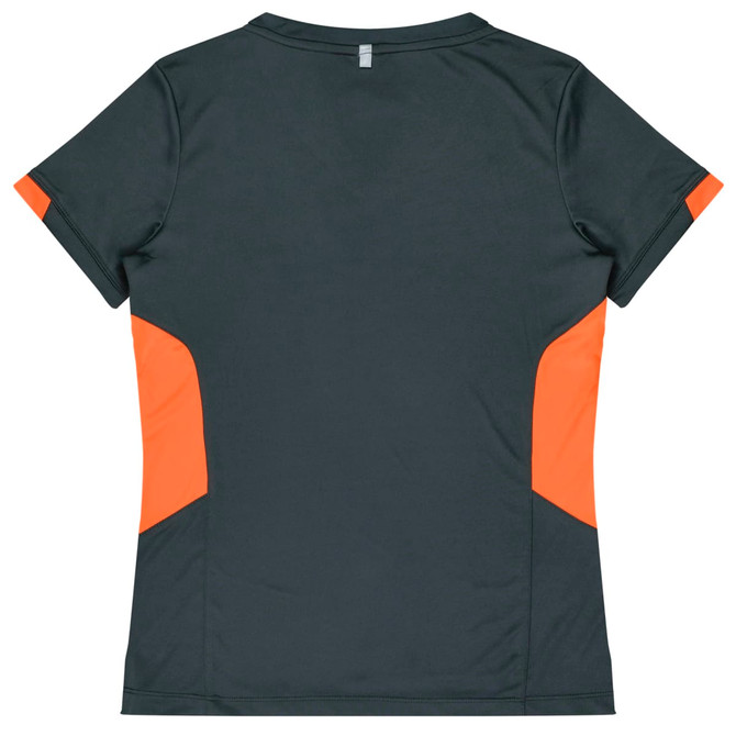 A dark teal women's T-shirt with orange accents on the sides and a simple design. It has a logo on the back.