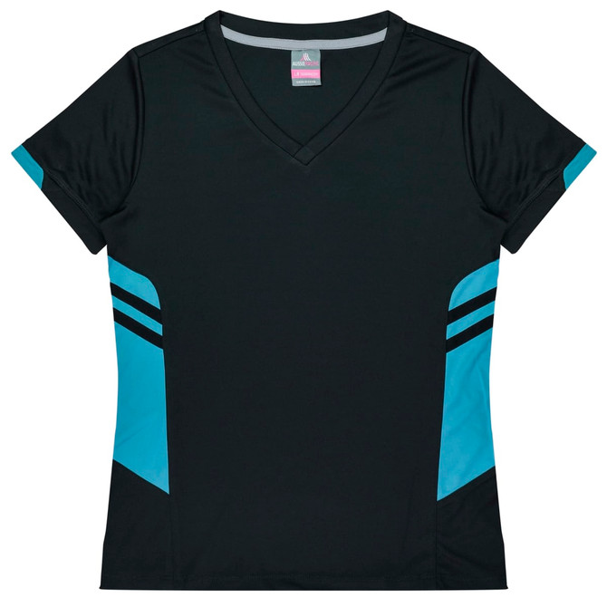 A black and teal v-neck t-shirt featuring contrasting side panels and a logo. Suitable for casual wear or sports.