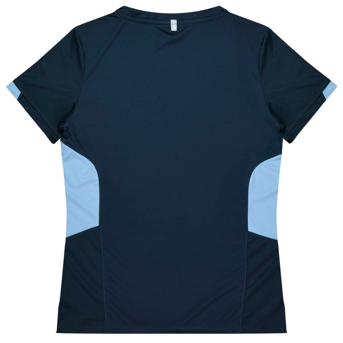 A dark navy blue women's t-shirt with light blue side panels and a logo at the back.