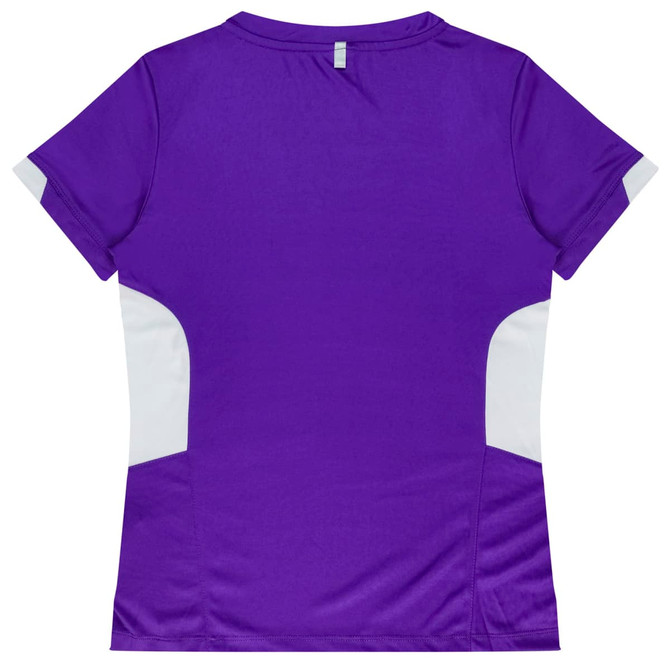 A purple women's t-shirt with white side panels and a logo on the back. Short sleeves and a round neckline.
