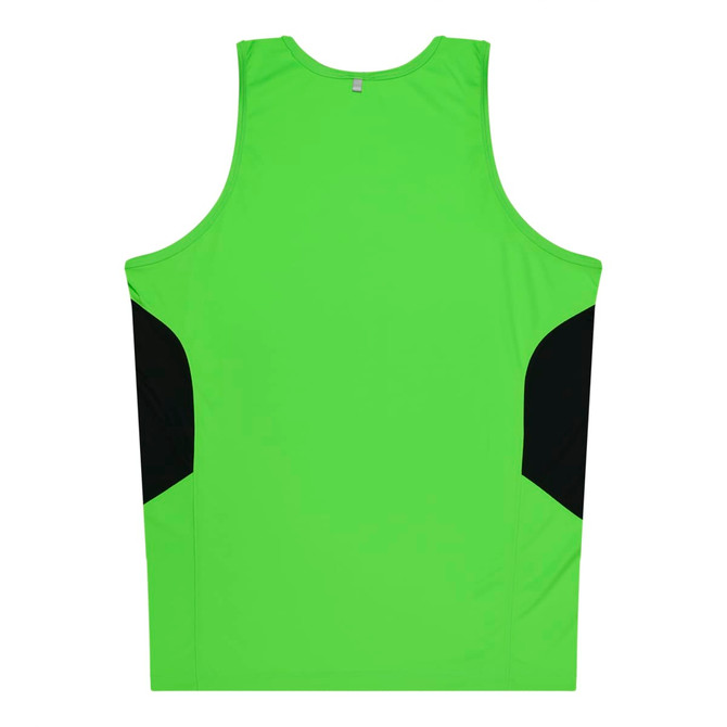 A bright green singlet with black side panels and a simple design. Features a logo on the upper back.