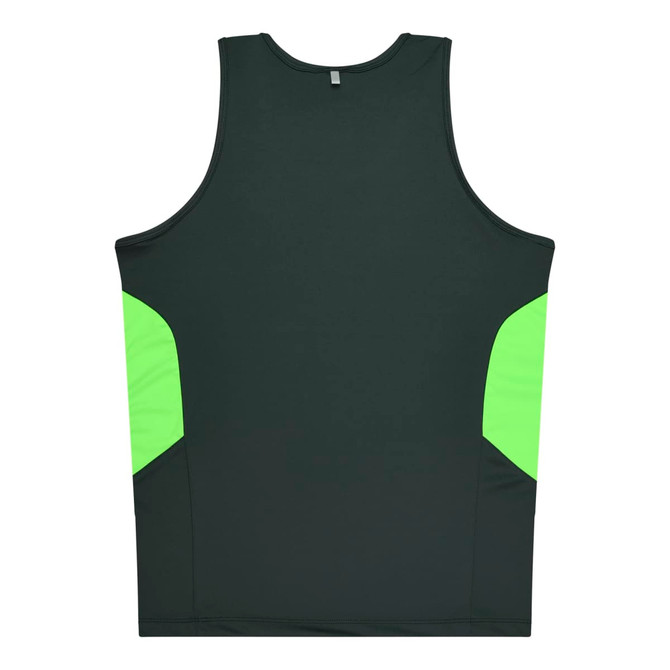 A dark green singlet with bright green side panels and a logo on the back.