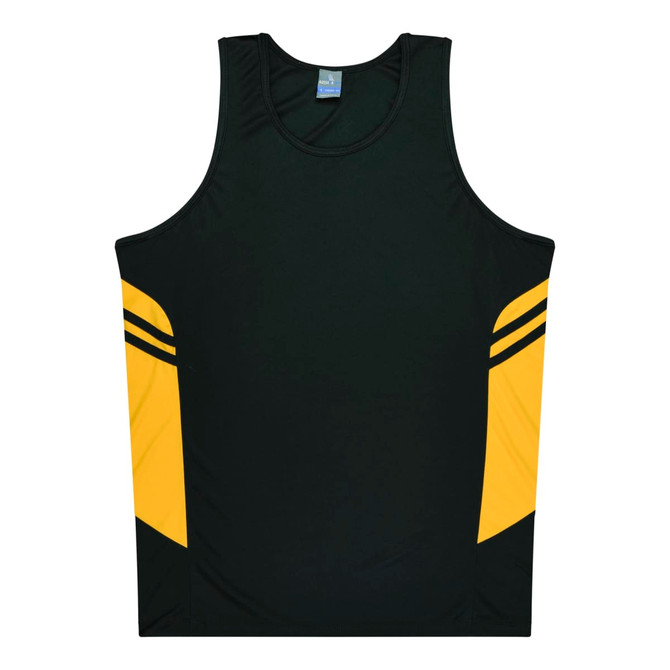 A dark green singlet with yellow side panels and a logo featured on the front.