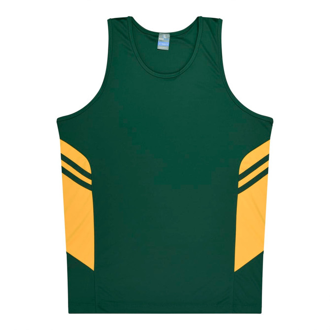A green and yellow men's singlet featuring a sporty design with contrasting stripes and a logo.