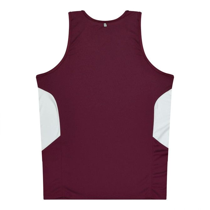 A maroon singlet with white panel accents on the sides, featuring a logo on the back.