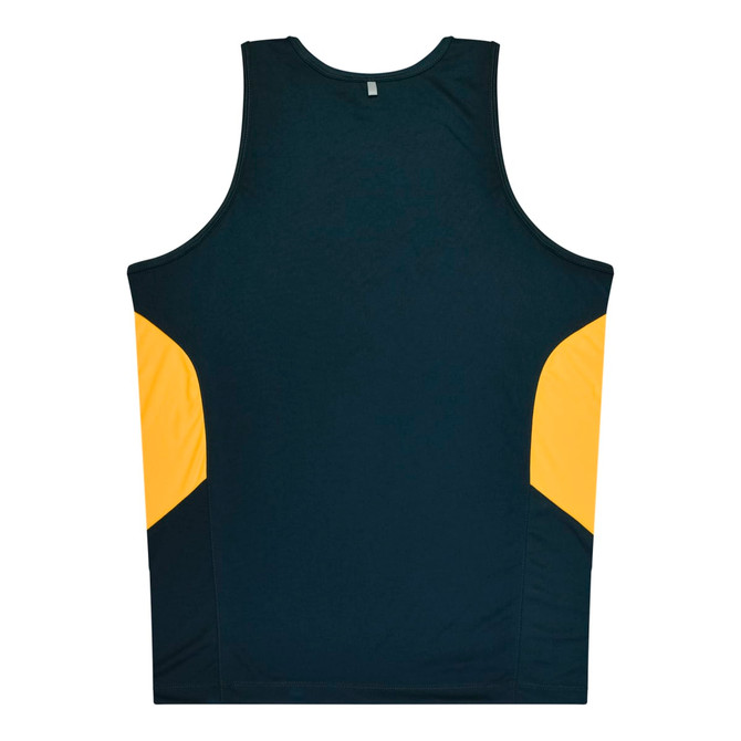 A dark green and yellow men's singlet featuring a logo on the back, with contrasting side panels.