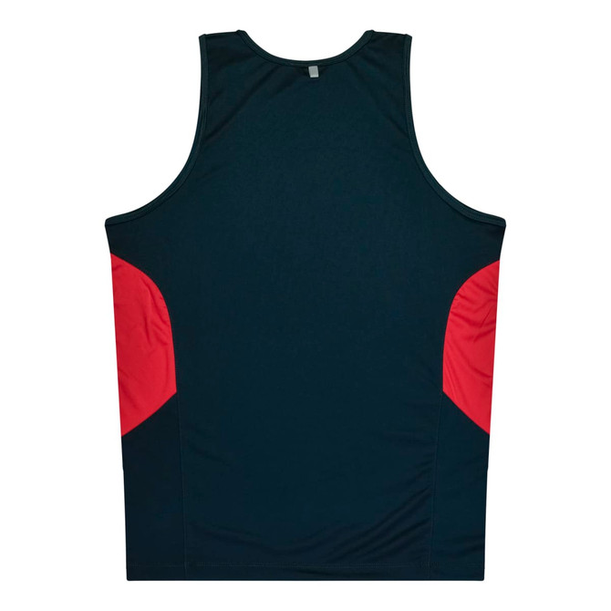 A men's singlet in navy blue with red side panels, featuring a logo on the back.