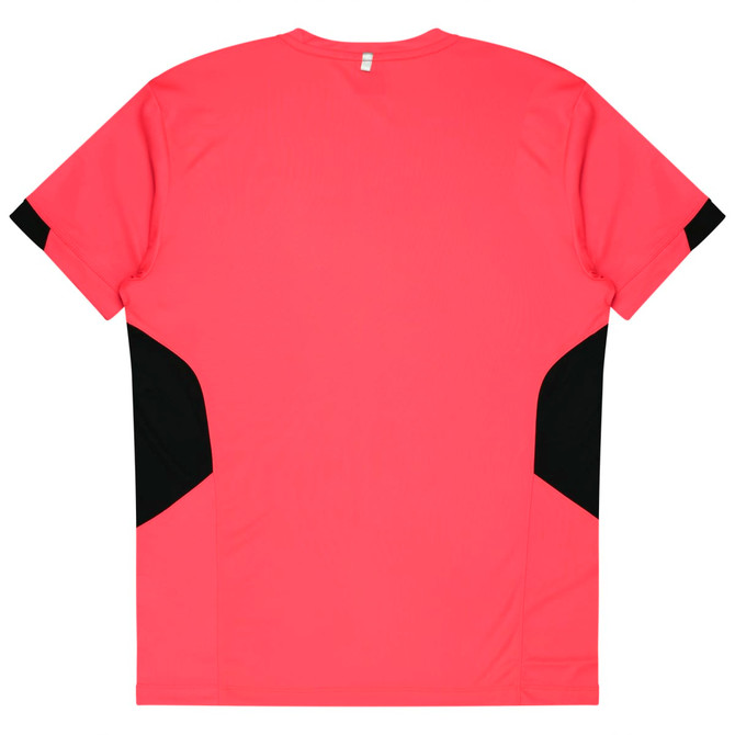A bright pink T-shirt featuring black side panels and a logo. It has a classic short-sleeve design.