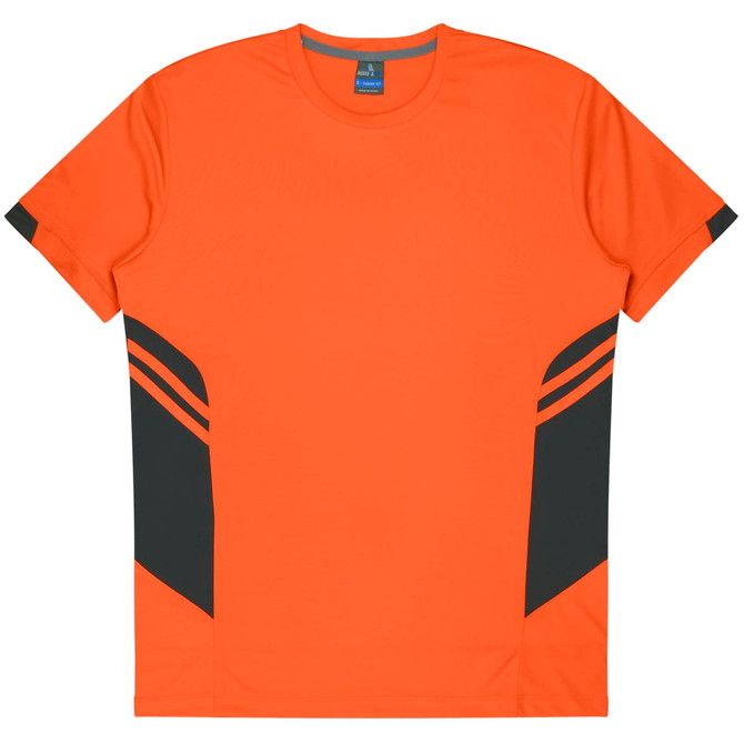 An orange men's T-shirt featuring black side panels and a logo. Suitable for casual wear or sports activities.