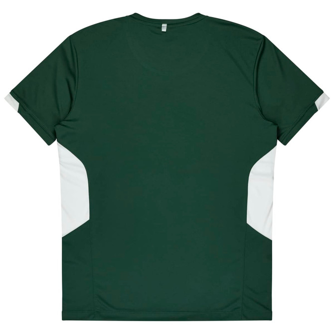 A dark green kids' T-shirt with white panels on the sides, featuring a logo on the back.