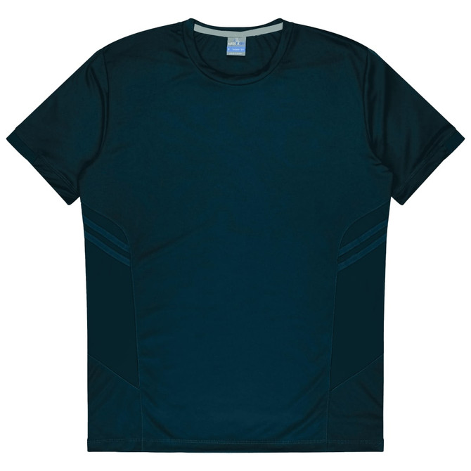 A dark green T-shirt featuring a logo, with contrasting side panel details. Suitable for kids.