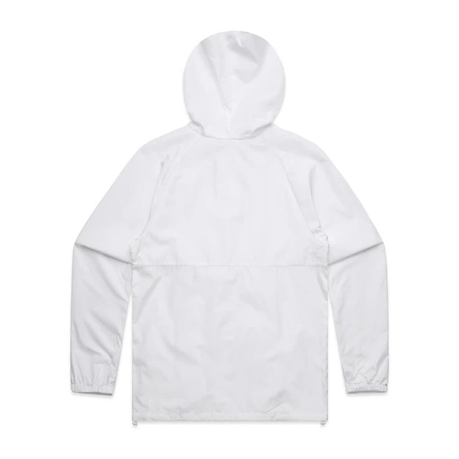 A white jacket with a hood, featuring long sleeves and an elasticised hem. It has a logo on the back.